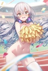 ai_generated blush bronya_zaychik cheerleader covered_breasts daytime female honkai_impact naked_female raaicave shoulders stadium_background thighs white_hair