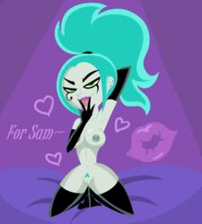 bedroom blue_hair danny_phantom ember_mclain ghost_girl green_eyes lipstick_mark nickelodeon nude pubic_hair purfectprincessgirl tongue_out