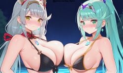 2girls aegis_elysium ai_art ai_generated bikini blush breasts breasts_bigger_than_head breasts_pressed_together cleavage dress duo_focus earrings edited elbow_gloves female female_focus gem gloves green_eyes green_hair grey_hair hair_ornament headpiece highres huge_breasts jewelry large_breasts legging long_hair looking_at_viewer lying mountain mountains nia nia_(blade) nia_(blade)_(xenoblade) nia_(xenoblade) night nintendo patreon patreon_username pneuma pneuma_(xenoblade) pool pressing_breasts pressing_breasts_together sexy swept_bangs thighhighs tiara touching_breast touching_breasts twintails very_long_hair water watermark xenoblade_(series) xenoblade_chronicles_(series) xenoblade_chronicles_2 yellow_eyes