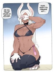  1girls abs armpits belly_button biceps bikini blush bunny_ears bunny_tail choker color condom condom_belt covered_eyes covering_face dark-skinned_female english_text female female_only female_penetrated gloves long_eyelashes long_hair medium_breasts mirko miruko muscular muscular_female my_hero_academia ratatatat74 rumi_usagiyama smirk thick_thighs thighhighs used_condom white_hair 