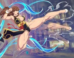 bare_legs black_dress braid breasts brown_eyes brown_hair chinese_clothes chun-li chun-li_(battle_ouffit_sfv) cleavage clothing dress female female fighting_stance flats flying_kick footwear jewelry kicking kuzanagi16 large_breasts long_hair muscle muscular_female pelvic_curtain side_braid solo spikes standing_on_one_leg street_fighter thick_thighs thighs tied_hair twin_braids