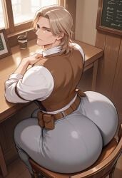 1boy ai_generated ass ass_bigger_than_head ass_focus belt big_ass big_butt blonde_hair blue_eyes bottom_heavy bottom_heavy_male brown_vest butt_bigger_than_head cafe civitai enormous_ass fat_ass fully_clothed gray_pants huge_ass huge_butt long_sleeves looking_at_viewer male_only medium_hair original original_character pants puffy_sleeves shirt sitting solo thick_ass thick_butt thick_thighs tight_clothing tight_pants utility_belt vest voluptuous_ass voluptuous_male white_shirt