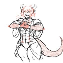 abs dragon dragon_girl female female_abs franktonius girl_abs horns limited_palette magical_girl monster_girl mostly_monochrome muscle muscle_girl muscles muscular_female red_hair red_head redhead scales solo tail tough_girl