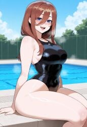 1girls ai_generated ass big_breasts blue_eyes breasts female female_focus go-toubun_no_hanayome hips huge_ass huge_breasts large_breasts light-skinned_female long_hair nakano_miku pool red_eyes swimsuit thick_thighs thighs