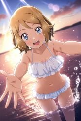 ai_generated bikini blonde_hair blue_eyes breasts brown_hair brush female female_only open_arms short_hair slim slim_waist small_breasts smiling white_bikini white_skin white_swimsuit