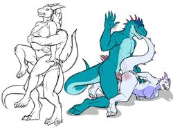 anthro bite blush clothing cultmastersleet dinosaur dragon female horn lazo male muscular nipples nude penetration penis scalie sex spanking straight submission_hold tiara_(rainer) undressing vaginal_penetration wrestling