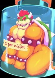 1boy 1male ass bara bara_ass beetleartz big_ass big_butt big_male bigbchevalier bottle bowser choker collar confused confused_face confused_look covering_crotch fat_ass hands_down horns jar male_only mario_(series) medicine_bottle muscles on_knees shell solo solo_focus solo_male tail trapped