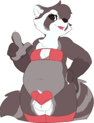 anthro balls belly bra claws clothed clothing crossdressing fur furry furry_only girly legwear lipstick looking_at_viewer makeup male male_only mammal mostly_nude procyonid raccoon seth-iova slightly_chubby smile solo stockings tail underwear