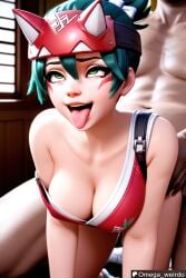 1girl1boy ahe_gao ahe_gao ahegao_face ai_generated big_breasts doggy doggy_style doggy_style doggy_style face_markings female green_eyes green_hair headband indoors indoors_sex kiriko_(overwatch) kiriko_kamori omega_weirdo open_mouth overwatch overwatch_2 patreon ponytail sex taken_from_behind tongue tongue_out