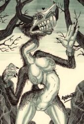 2025 2_horns absurd_res areola artist_name big_areola big_breasts black_and_white breasts claws curvy_figure demon demon_humanoid eyelashes female finger_claws forest genitals gesture graphite_(artwork) hairy hi_res horn horned_humanoid huge_areola humanoid lips long_neck looking_at_viewer marker_(artwork) monochrome monster monster_girl monstrous_humanoid nightmare_fuel nightmare_waifu nipples nude nude_female nude_humanoid outside parasitedeath parasiteterror plant plump_labia pussy sharp_teeth small_waist solo teeth text thick_lips thick_thighs traditional_media_(artwork) tree unusual_eyes watermark waving waving_at_viewer wide_hipped_female wide_hipped_humanoid wide_hips