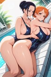 ai_generated bare_thighs big_ass big_butt black_hair blue_eyes blush breast_grab brown_eyes burneri clothing erect_nipples fat_ass female female_only gigantic_ass gigantic_breasts hair_bun huge_breasts huge_thighs light-skinned_female light_skin massive_ass massive_breasts nami nami_(one_piece) nico_robin nipples_visible_through_clothing one-piece_swimsuit one_piece orange_hair pool poolside shounen_jump smiling squatting sweat sweatdrop swimsuit thick_body thick_female thick_thighs thighs voluptuous voluptuous_female yuri