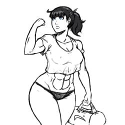 1female abs bikini black_hair blue_eyes cleavage dark_hair female female_abs fitness flexing flexing_muscles franktonius girl_abs gym_bag mostly_monochrome muscle muscle_girl muscles muscular muscular_female original_character see-through_clothing sportswear white_background white_shirt