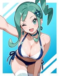 1girls ai_generated aqua_eyes aqua_hair blue_necklace blue_socks blue_underwear bra female lisia_(pokemon) medium_breasts necklace only_female panties pokemon pokemon_oras short_hair smile socks underwear white_skin