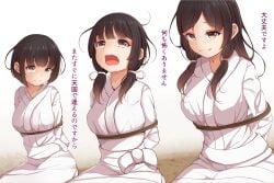 3girls black_hair breasts crying gore guro imminent_death imminent_execution japanese_text kneeling marost_(artist) open_mouth original rope short_hair smile tears tied_up translation_request white_kimono yellow_eyes