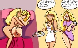 2girls apron ass bed big_ass big_butt blonde_hair blush breakfast brittney_(revrookington) butt purple_shirt revrookington sleeping_nude sleeping_together tanned tiffany_(revrookington) yuri