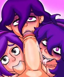 1boy 3girls beta_hex_maniac bklo collaborative_fellatio cum_on_tongue fellatio femsub foursome hex_maniac hex_maniac_(z-a) lipstick npc_trainer open_mouth pokemon pokemon_legends:_z-a pokemon_xy purple_lipstick sucking sucking_testicles sucking_tip