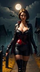 0assult0 ai_generated bats beautiful_females black_gloves blue_eyes bootd buildings cemetery christian_cross christianity cleavage clouds coat corset cross_necklace digital_media_(artwork) federal_agent female female_only full_moon graveyard high_boots horror horror_(theme) jill_valentine large_breasts leather leather_clothing looking_at_viewer midnight mist moon night_sky realistic resident_evil scary secret_agent town video_game video_game_character video_games voluptuous