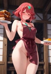 1girls ai_generated apron blush bottomless breakfast breasts casual_nudity core_crystal couple hairy_pussy medium_breasts nipples one_breast_out partially_clothed pubic_hair pussy pyra red_eyes red_hair steam thick_hips tiara wide_hips wife xenoblade_(series) xenoblade_chronicles_2