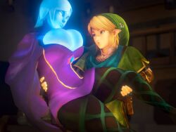 1boy 1girls breasts bursting_breasts cleavage fi fi_(skyward_sword) link nurico skyward_sword tagme the_legend_of_zelda