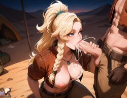 1boy ai_generated blonde_hair cum cum_in_mouth fellatio female gemma_(monster_hunter_wilds) minokai monster_hunter nipple one_breast_out self_upload