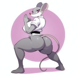 ai_generated anthro ass bottomless cleavage fighting_stance fist furry geronimo_stilton_(series) huge_ass huge_breasts karate karate_gi legs_apart martial_arts mouse mouse_girl novelai open_hand pink_eyes pink_nipples rat tail thea_stilton two_tone_body two_tone_fur white_breasts