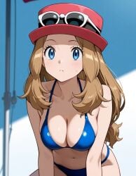 aged_up ai_generated bikini blonde_hair blue_bikini blue_eyes blue_swimsuit brown_hair brush female female_only long_hair medium_breasts pink_hat pokemon pokemon_xy serena_(pokemon) sunglasses_on_head swimsuit teenage_girl teenager white_skin