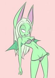 2017 anise_(dreamkeepers) anthro barbadosslim bat bat_wings bra breasts clothed clothing clothing_lift dreamkeepers female green_body green_hair hair hi_res long_ears mammal membranous_wings navel nipple_slip nipples open_mouth panties pink_background pussy simple_background underwear wings