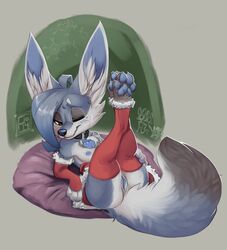 2017 4_toes ahoge anthro armwear ass big_ears blue_fur blue_hair blue_nipples blue_nose blue_pawpads blush breasts brown_eyes canine cheek_tuft chest_tuft clothing collar costume elbow_gloves eyeshadow eyewear female fennec fingerless_gloves fluffy fluffy_tail fox fur glasses gloves hair hi_res legs_up legwear looking_at_viewer makeup mammal maxine mostly_nude multicolored_fur nipples one_eye_closed pawpads paws pussy reclining reign-2004 santa_costume small_breasts socks solo stockings toeless_socks toes tuft two_tone_fur white_fur