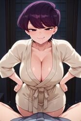 1boy 1girls ai_generated asian asian_female bathing_suit bulge bulge_through_clothing burneri gigantic_breasts huge_breasts komi-san_wa_komyushou_desu komi_shuuko light-skinned_female light_skin looking_at_viewer massive_breasts mature_female milf purple_eyes purple_hair saliva short_hair smiling squatting sweat sweatdrop thick_body thick_female voluptuous voluptuous_female