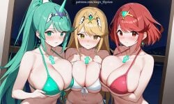 3girls aegis_elysium ai_art ai_generated bikini blush blush breasts cleavage dress earrings edited elbow_gloves female female_focus gem gloves grabbing_breast grabbing_breasts green_eyes green_hair hair_ornament headpiece highres holding holding_breast holding_breasts huge_breasts indoors jewelry large_breasts legging lights long_hair looking_at_viewer mythra mythra_(xenoblade) navel night night_sky nintendo patreon patreon_username pneuma pneuma_(xenoblade) pyra pyra_(xenoblade) red_eyes sexy standing starry_sky stars swept_bangs thighhighs tiara touching_breast touching_breasts trio_focus very_long_hair watermark window windows xenoblade_(series) xenoblade_chronicles_(series) xenoblade_chronicles_2 yellow_eyes