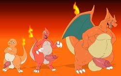 absurd_res anthro balls belly big_balls big_penis charizard charmander charmeleon claws countershade_belly countershade_tail countershading crossed_arms erection fire flaming_tail generation_1_pokemon genitals gradient_background group hands_on_hips hi_res male male_only nintendo nude open_mouth orange_body penis pokemon pokemon_(species) same_evolution_group satsui-n0-had0u simple_background slightly_chubby slightly_chubby_male standing tail thick_thighs trio wings