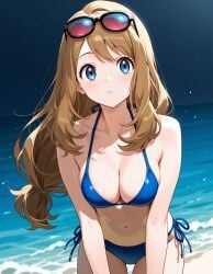 1girls aged_up ai_generated bikini blonde_hair blue_bikini blue_eyes blue_swimsuit brown_hair brush female female_only leaning_forward long_hair medium_breasts outdoors pokemon pokemon_xy serena_(pokemon) smiling sunglasses_on_head swimsuit teenage_girl teenager white_skin