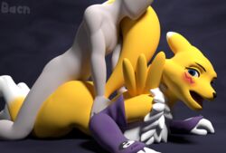 2017 3d abstract_background ambiguous_penetration anthro bacn blush canine digimon duo female from_behind_(disambiguation) from_behind_position fur human human_on_anthro interspecies looking_back lying male mammal nude on_front open_mouth penetration renamon renamon_(bacn) sex simple_background straight white_fur