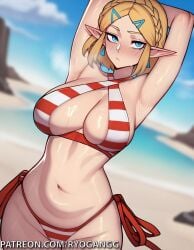 ai_generated beach bikini blonde_hair cosplay nero_claudius_(swimsuit_caster) princess_zelda ryogangg solo solo_female sweat swimsuit tears_of_the_kingdom the_legend_of_zelda zelda_(tears_of_the_kingdom)