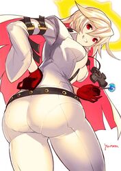 ass bell-bottoms bodysuit breasts candy center_opening cleavage female food from_below gloves grin guilty_gear guilty_gear_xrd halo hips huge_ass jack-o'_valentine large_ass lollipop looking_back multicolored_hair pantylines razu_(rus) red_eyes shiny shiny_clothes shiny_hair simple_background skin_tight smile solo thick_thighs thighs two-tone_hair very_long_hair white_background white_hair wide_hips