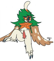 1boy 2017 animal_genitalia animal_penis anthro avian beak bird decidueye digital_media_(artwork) erection feathered_wings feathers generation_7_pokemon looking_at_viewer male male_only nintendo nude nulloffset open_mouth owl penis pokemon pokemon_(species) pokemon_sm solo tapering_penis text video_games wings