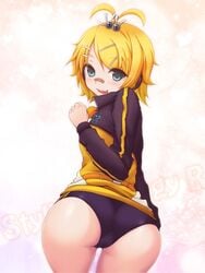 ass bandaid beige_skin big_ass big_butt black_panties black_underwear blonde_hair blue_eyes breasts buruma butt color cute cute_face dat_ass embarrassed female female_only from_behind hair_ornament headphones huge_ass huge_butt kagamine_rin looking_at_viewer looking_back open_mouth open_smile panties plump_ass project_diva round_ass round_butt short_hair small_breasts smiling solo standing sweater uncensored vocaloid yellow_hair yellow_hoodie