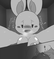 anthro big_breasts blush blush_sticker breasts closed_eyes dialogue female greyscale heart japanese_text k--10 kissing lagomorph male mammal monochrome nipples open_mouth rabbit smile straight sweat text translation_request