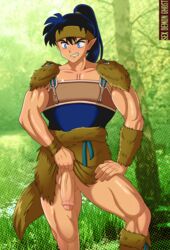 1boy black_hair blue_eyes blush foreskin grin inuyasha koga male male_only muscle nature outdoors penis ponytail sex_demon_ghost solo testicles yaoi