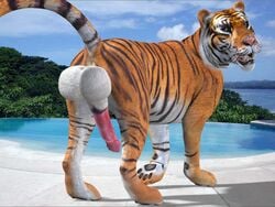 3d animal_genitalia balls big_balls big_penis erection feline feral fur huge_balls looking_at_viewer male male_only mammal orange_fur penis pose solo tapiko tiger water white_fur