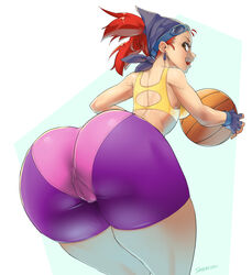 alone ass back bandana basketball bent_over bike_shorts dat_ass female from_behind goggles goggles_on_head guppi hips huge_ass large_ass leaning_forward looking_at_viewer looking_back red_hair short_twintails smile solo sports_bra sportswear stormcow thick_thighs thighs twintails wide_hips xtreme_sports