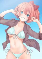 bikini bikini_bra bikini_top blue_eyes bow doki_doki_literature_club eyebrows_visible_through_hair female hairbow jacket just_sayori looking_at_viewer orange_hair pointing_at_mouth red_bow sayori_(doki_doki_literature_club) simple_background solo thigh_gap thighs xhuntei xhunzei