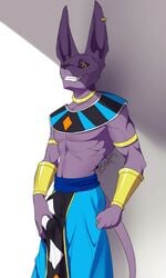 abs anthro baggy_pants beerus biceps big_ears bulge claws clothed clothing dragon_ball dragon_ball_super dragon_ball_z ear_piercing fangs feline flaccid half-closed_eyes hand_on_bulge hazakyaracely long_ears male male_only mammal muscular pants pecs piercing sharp_claws sharp_teeth smile solo standing teeth topless yellow_eyes