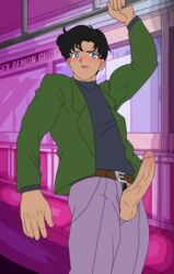 1boy bishoujo_senshi_sailor_moon black_hair blue_eyes blush boner clothed clothing erection looking_at_viewer male male_only mamoru_chiba penis pubic_hair public_transportation sex_demon_ghost smooth_skin solo testicles train uncensored