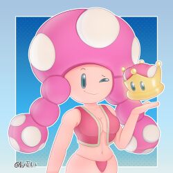 1:1 1girls bare_shoulders breasts breasts_visible_through_clothing cleavage clothing crown cute female female_only g-string holding_object light-skinned_female light_skin looking_at_viewer mario_(series) mushroom mushroom_humanoid new_super_mario_bros._u_deluxe nintendo no_nose nottkart one_eye_closed power_up simple_background smile solo standing super_crown super_mario_bros. thick thick_hips thick_thighs toadette twintails vest wide_hips wink winking_at_viewer