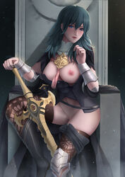 1girls big_breasts blue_eyes blue_hair byleth_(fire_emblem) byleth_(fire_emblem)_(female) female female_only fire_emblem fire_emblem:_three_houses head_tilt lips long_hair looking_at_viewer nintendo nipples panties_around_leg playing_with_hair pussy shorts shorts_around_one_leg smile solo solo_female solo_focus svikey thighhighs throne