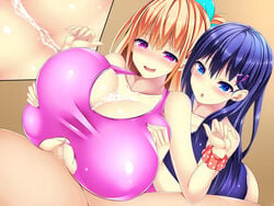 1boy 2girls assisted_paizuri blonde_hair blue_eyes blush breast_grab breast_squeeze breasts censored collarbone cross_section cum cum_on_breasts ejaculation_between_breasts fujimiya_yahiro hair_ornament hairclip huge_breasts multiple_girls one-piece_swimsuit open_mouth original paizuri paizuri_under_clothes penis purple_eyes purple_hair sundress torn_clothes yahiro_(anhnw)