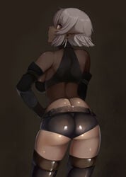 1girls belko blush breasts cleavage clothed dark-skinned_female dark_elf dark_skin de-chan_(lolicept) elf elf_ears elf_female elf_girl female female_only lolicept looking_at_viewer looking_back original original_character panties pointy_ears short_hair solo thighhighs white_hair