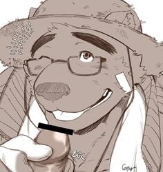 bear censored eyewear glasses gomtang greyscale imminent_sex male_only mammal monochrome one_eye_closed oral penis tokyo_afterschool_summoners volos wink