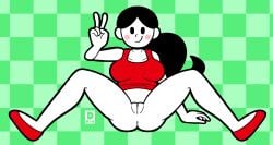 2023 black_hair bottomless commission commissioner_upload d-nix deafernix flats looking_at_viewer mob_face peace_sign ponytail presenting presenting_pussy pussy red_dress red_shoes rhythm_heaven rhythm_tengoku shoes sitting spread_legs tap_trial tap_trial_girl white_body yuka_(rhythm_tengoku)